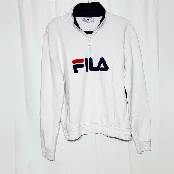 Fila Ladies' 1/4 Zip Fleece Pullover Sweatshirt, White/Navy Large - Picture 2 of 14